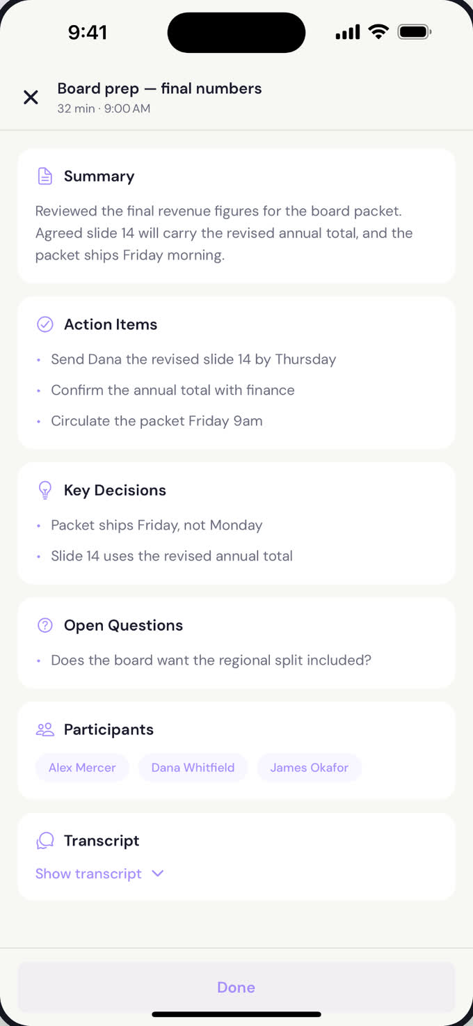 Meeting notes for “Board prep — final numbers”: a summary, three action items, two key decisions, one open question, and the participants.