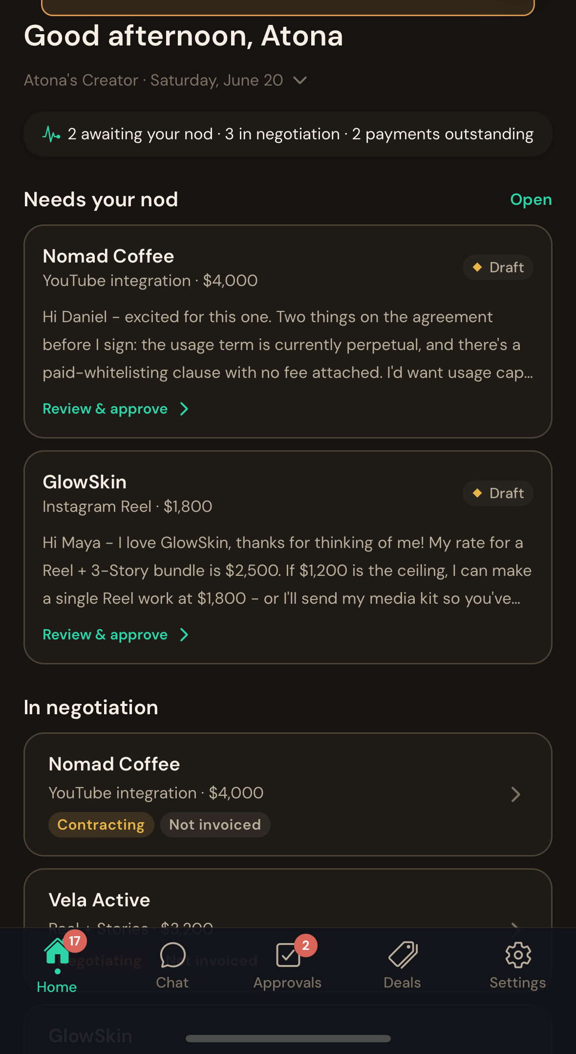 Creator home — approvals, in-negotiation deals, and outstanding payments at a glance